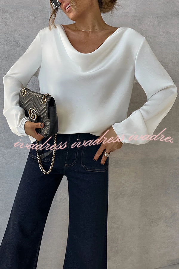 Simple and Beautiful Satin Cowl Drape Neck Long Sleeved Shirt