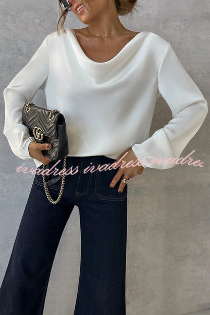Simple and Beautiful Satin Cowl Drape Neck Long Sleeved Shirt