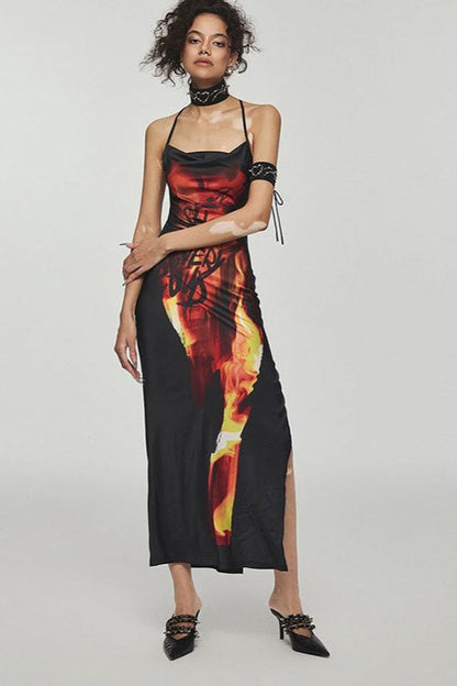 Cowl Neck Halter Strap Flame Graphic Print High Slit Maxi Dress