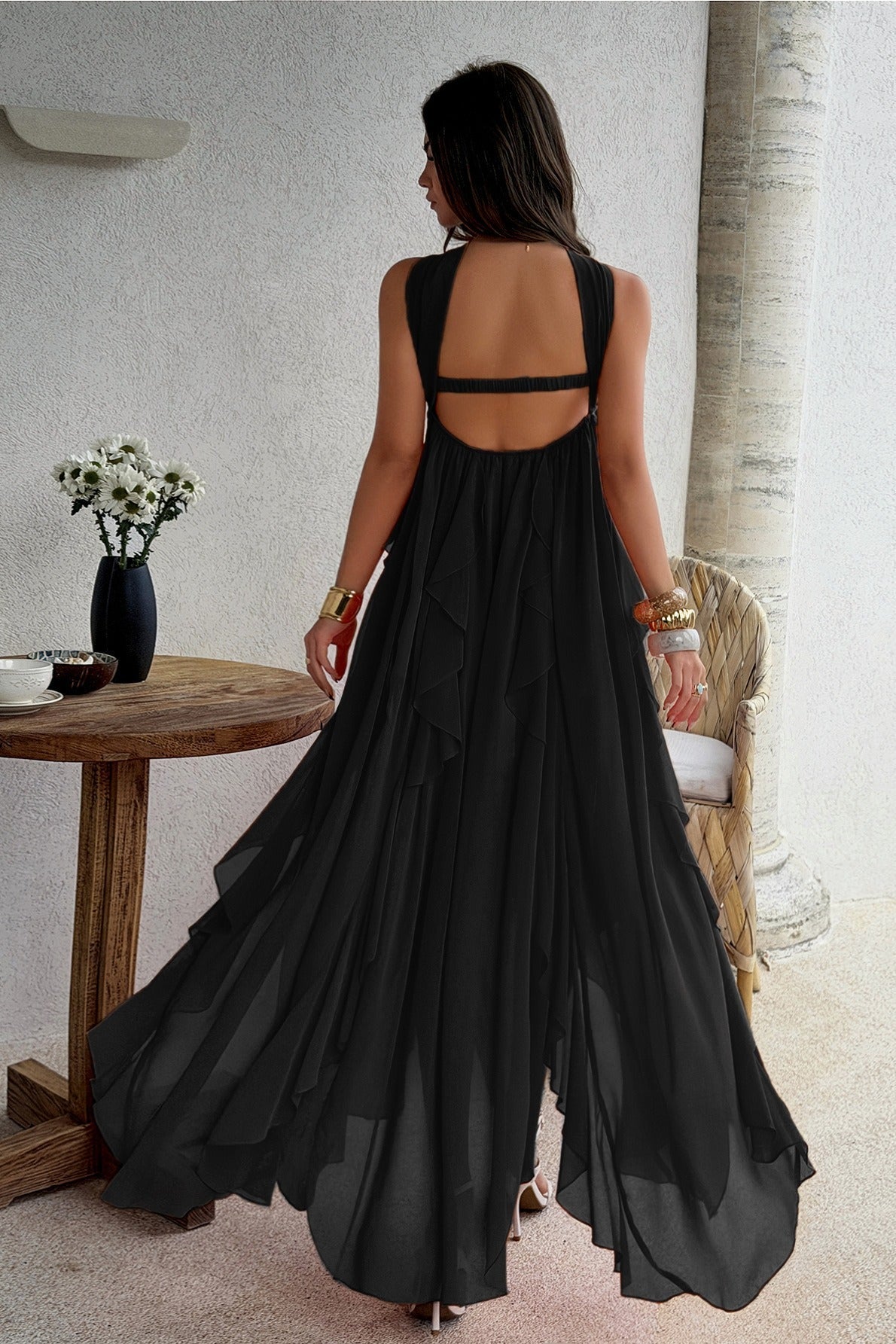 Strapless Ruched Starfish Brooch Cascading Vertical Ruffle Chiffon Maxi Dress
