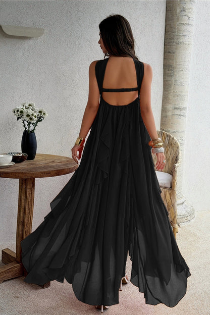 Strapless Ruched Starfish Brooch Cascading Vertical Ruffle Chiffon Maxi Dress