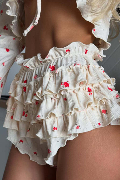 Floral Knitted Short Long Sleeve Shorts Loungewear Two Piece Set