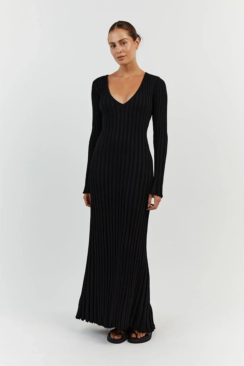 Rib Knit Deep V-Neck Long Sleeve Lettuce Hem Column Maxi Dress