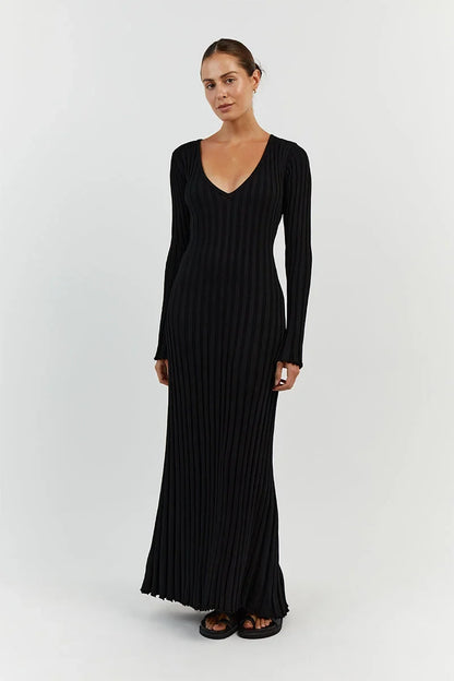 Rib Knit Deep V-Neck Long Sleeve Lettuce Hem Column Maxi Dress