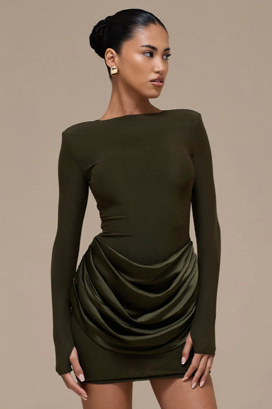 Boat Neck Padded Shoulder Long Sleeve Draped Satin Hip Overlay Bodycon Mini Dress