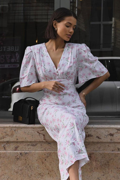Ditsy Floral Deep V Button Placket Butterfly Sleeve Empire Waist Maxi Dress