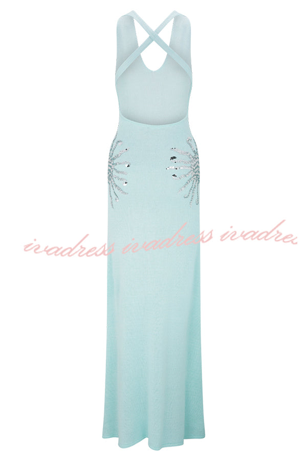 Sparkling Nights Knit Sunburst Sequin Detail Back Cross Straps Stretch Maxi Dress