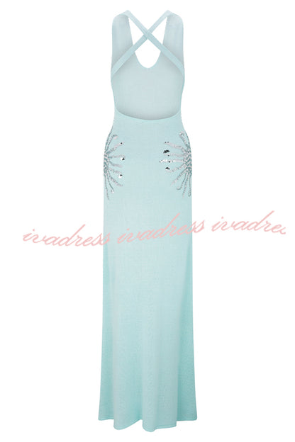 Sparkling Nights Knit Sunburst Sequin Detail Back Cross Straps Stretch Maxi Dress