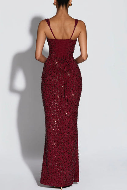Calanthe Sequin Embellished Chiffon Ruched Square Neck Back Lace-up Maxi Dress