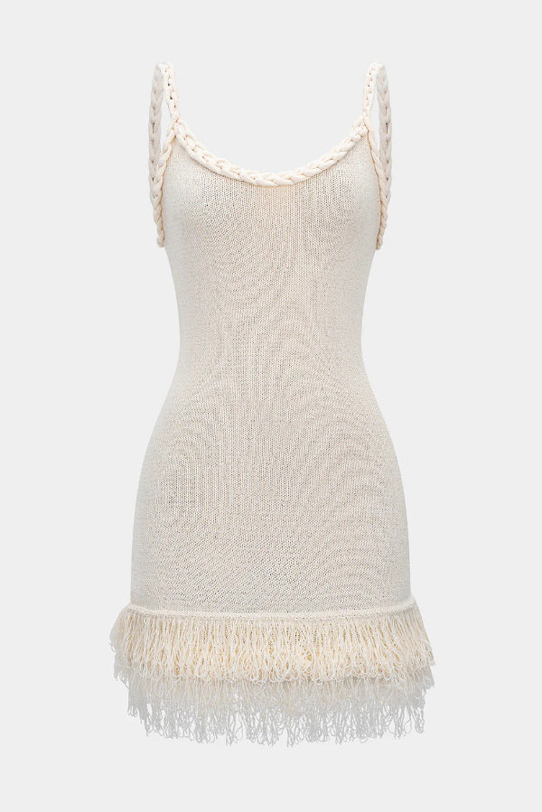 Solid Color Cable Camisole Slim Fit Tassel Knit Mini Dress
