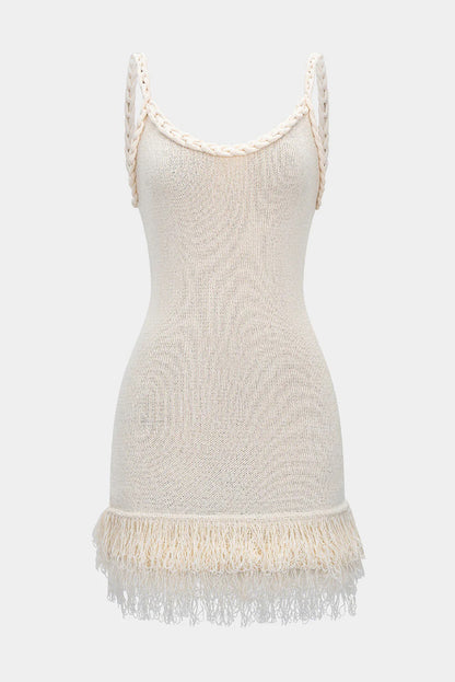 Solid Color Cable Camisole Slim Fit Tassel Knit Mini Dress