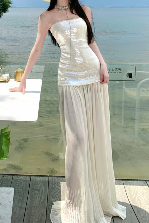 | Sequin Patchwork Strapless Maxi Dress
