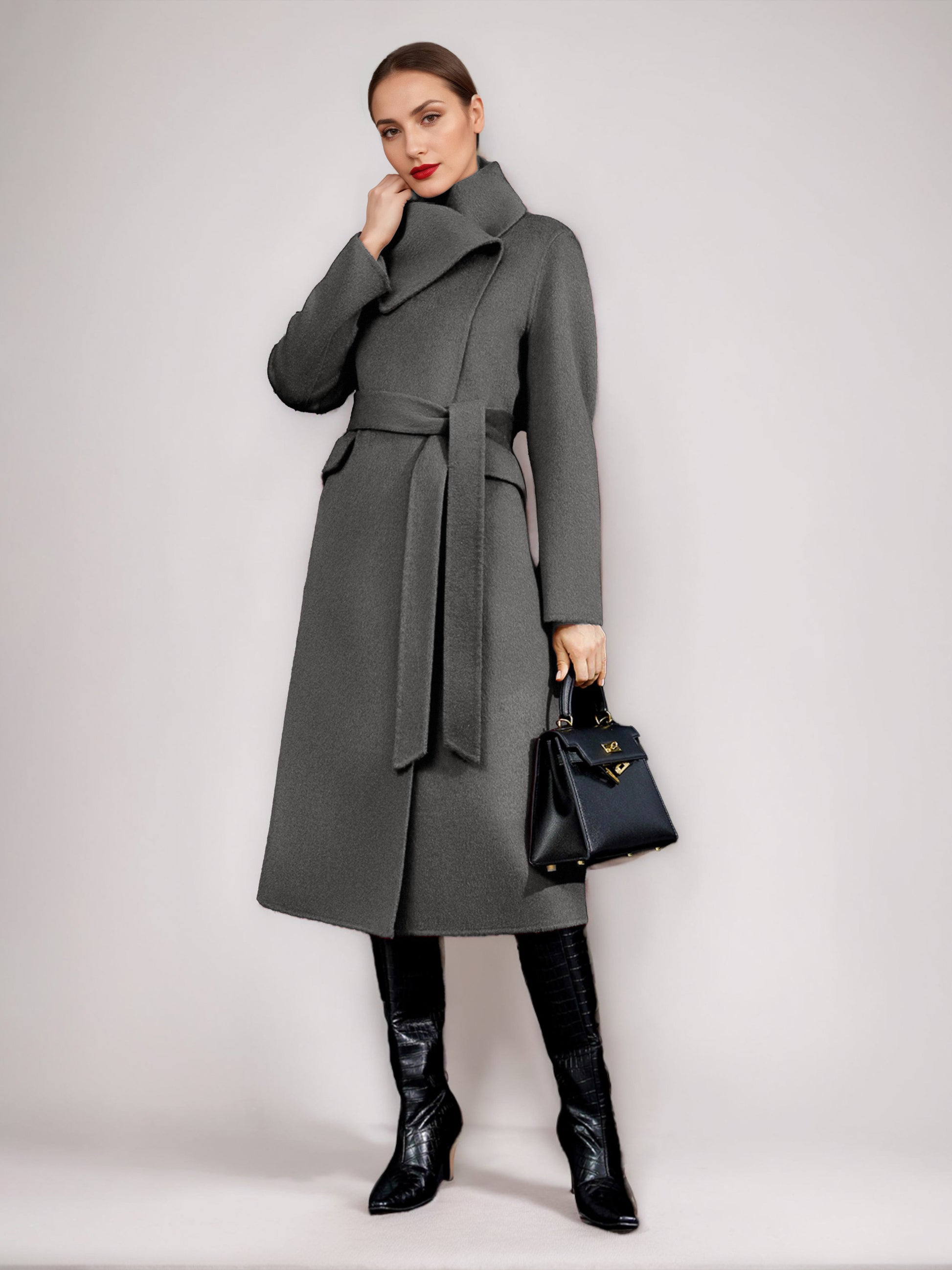 Wool Cashmere Blend Coat For Woman Winter Red Belted Double-Faced Wrap Outerwear 2026