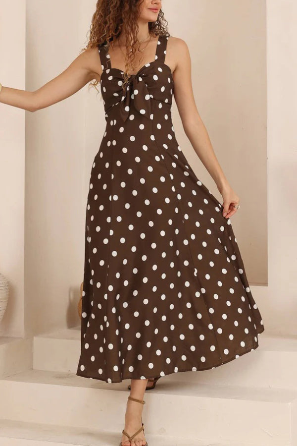 Polka Dot Print Back Pleated Casual Pocket Holiday Maxi Dress