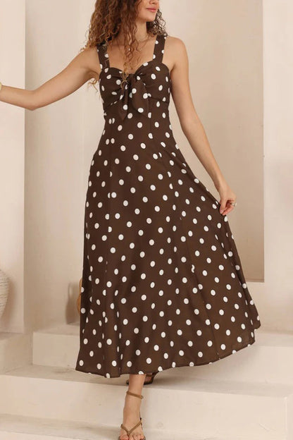 Polka Dot Print Back Pleated Casual Pocket Holiday Maxi Dress
