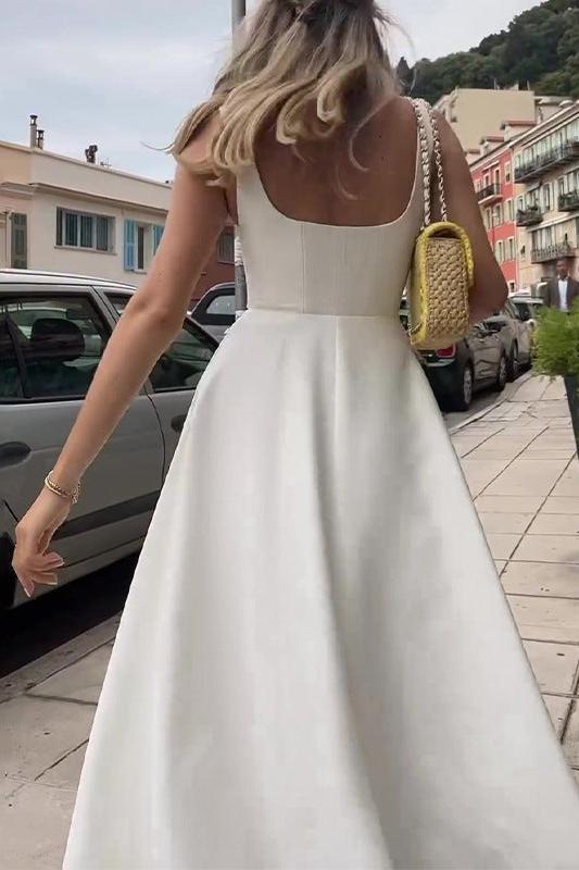 Square Neck Wide Strap Fit and Flare Pleated Tea Length Midi Dress