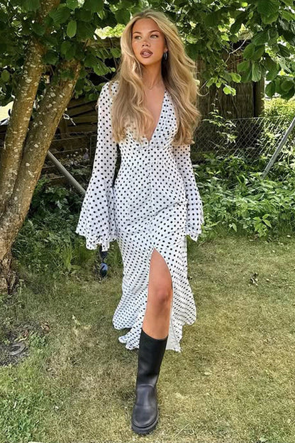 Polka Dot Bell Sleeve Deep V-Neck Button Front High Slit Maxi Dress