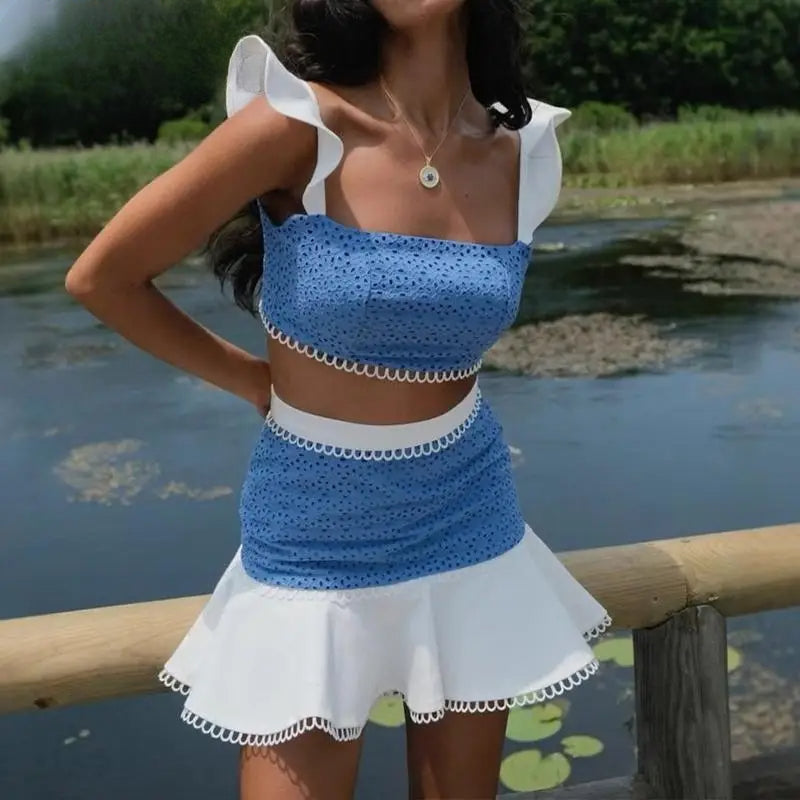 Flying Sleeve Colorblock Skirt Two Piece Set