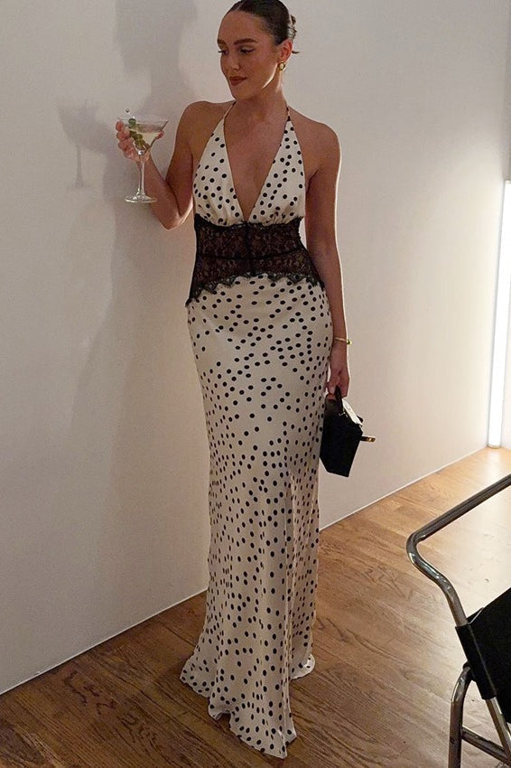 Polka Dot Halter Neck Lace Waist Panel Column Maxi Dress