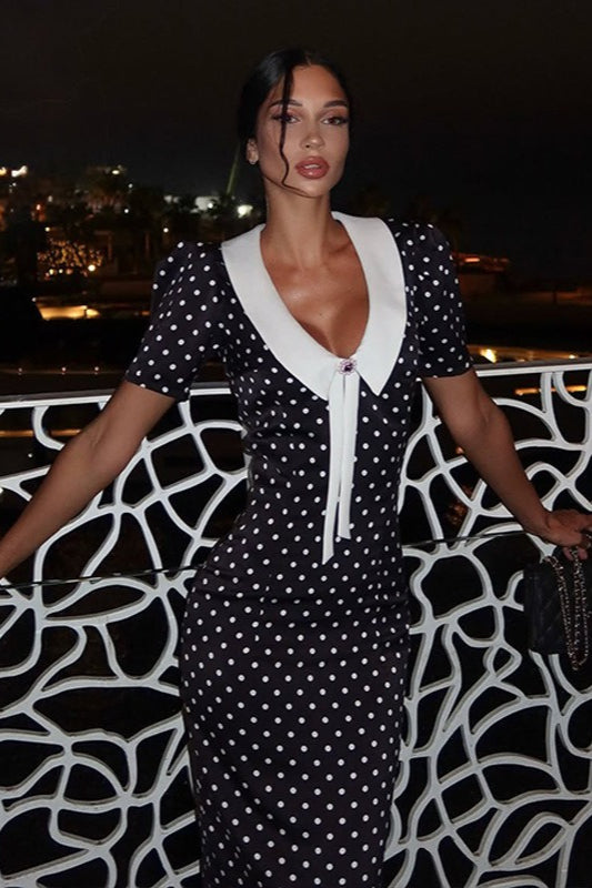 Polka Dot Puff Sleeve Contrast Collar Brooch Tie Bodycon Midi Dress