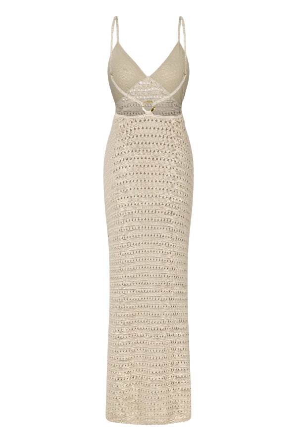 Solid Color Knitted Openwork Sexy Backless Slit Cover-up Maxi Dress