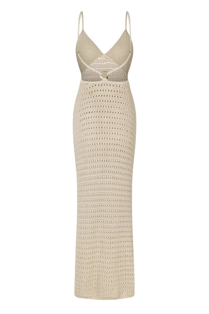 Solid Color Knitted Openwork Sexy Backless Slit Cover-up Maxi Dress