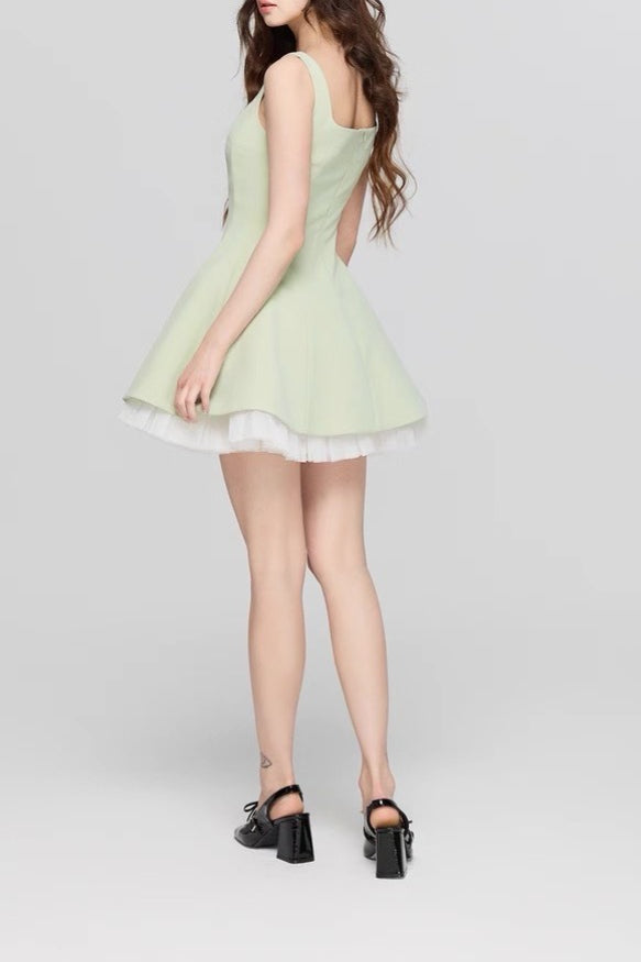 Square Neck Princess Seam Tulle Underlay Fit and Flare Mini Dress