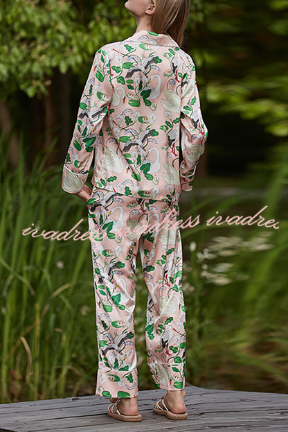 Swan Crane Printed Home Long Sleeved Two-piece Set