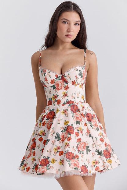 Floral Print Sweetheart Bustier Spaghetti Strap Tulle Hem Fit-and-Flare Mini Dress