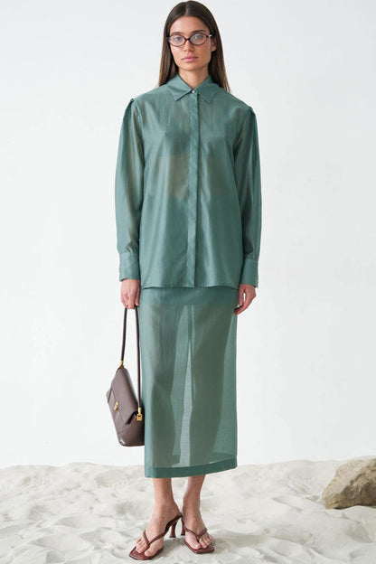 Vintage Collared Tencel Shirt Dress Two Piece Set