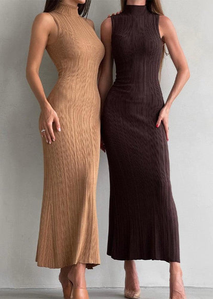 Mock Neck Rib Knit Sleeveless Bodycon Maxi Dress