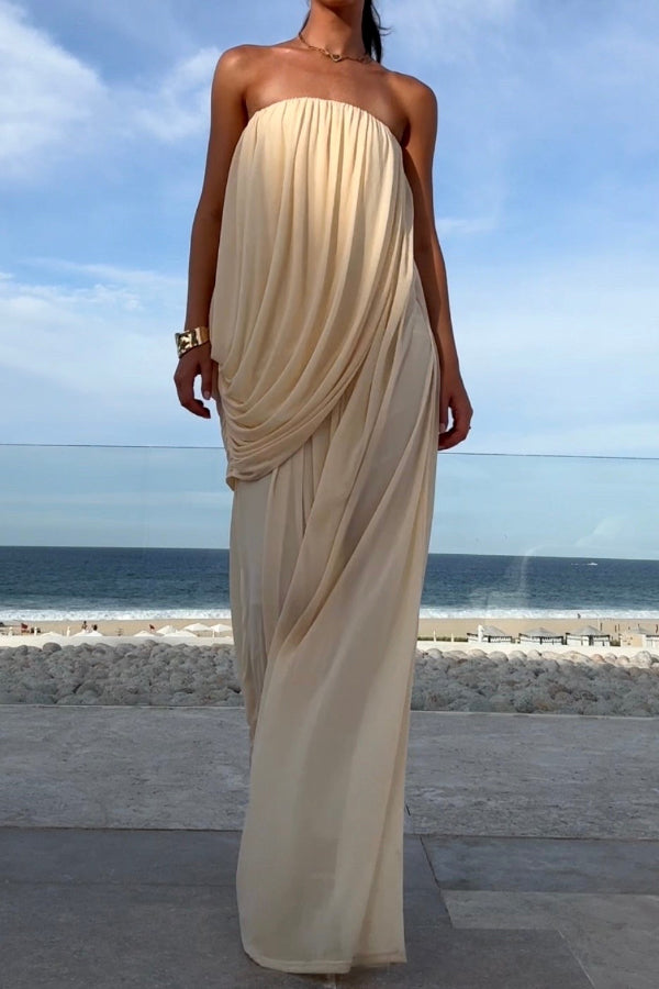 Solid Color Sleeveless Off-shoulder Draped Loose-fitting Holiday Maxi Dress