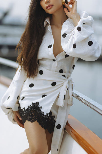 Lulabell Linen Blend Polka Dot Lantern Sleeve Shirt and Warp Tie-up Lace Trim Skirt Set