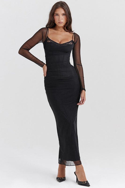 | Mesh Lace Patchwork Fitted High Slit Maxi Dress