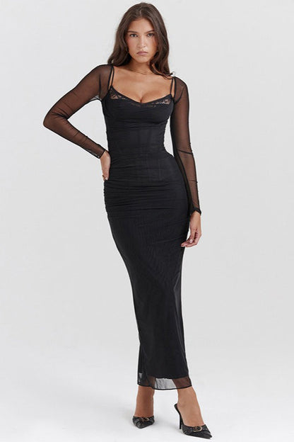 | Mesh Lace Patchwork Fitted High Slit Maxi Dress