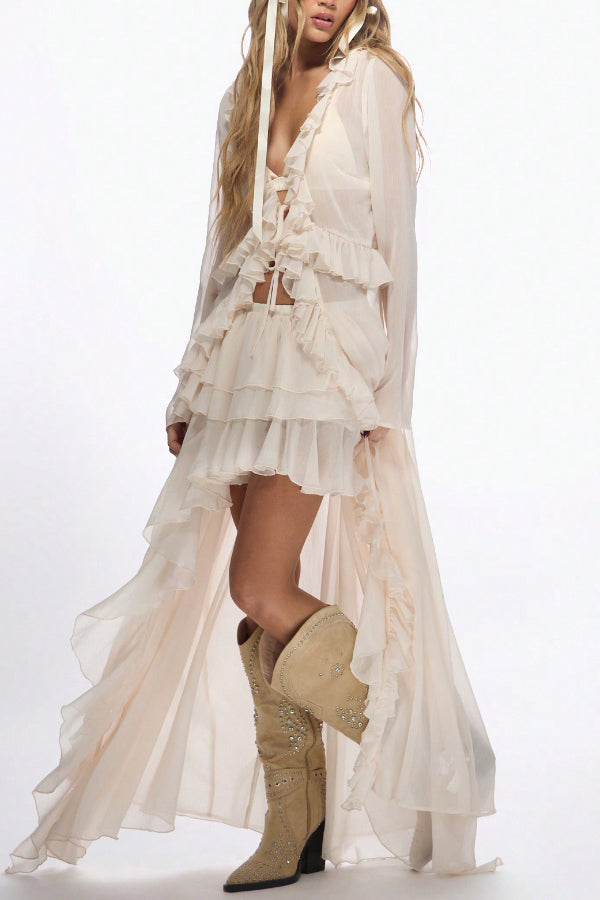 Solid Color Casual Elastic Waist Irregular Ruffle Holiday Skirt