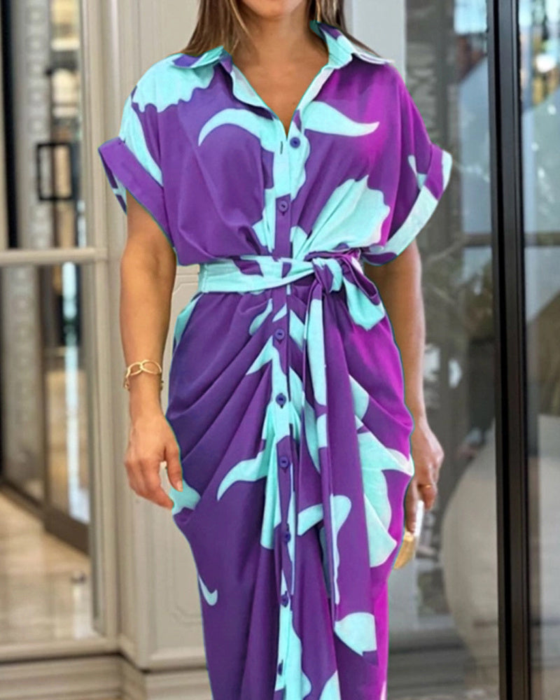 Abstract Leaf Print Collared Button-Front Tie-Waist Ruched Skirt Midi Shirt Dress