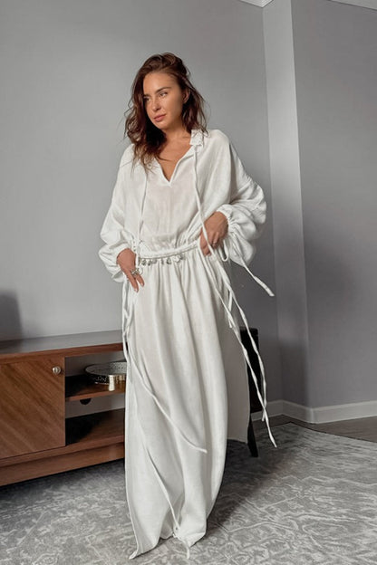 | Cotton Cutout Tie Waist Long Sleeve Maxi Dress