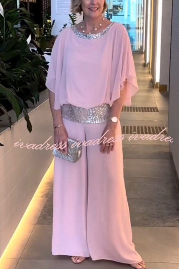 Stylish Sequin Patchwork Dolman Sleeve Top and Elastic Waist Wide Leg Pants Set