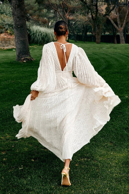 | Jacquard Ruched Puff Sleeve Backless Maxi Dress