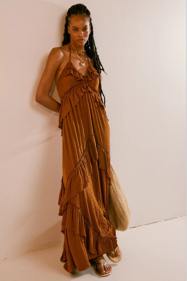 Solid Color V Neck Backless Strappy Sexy Boho Dress