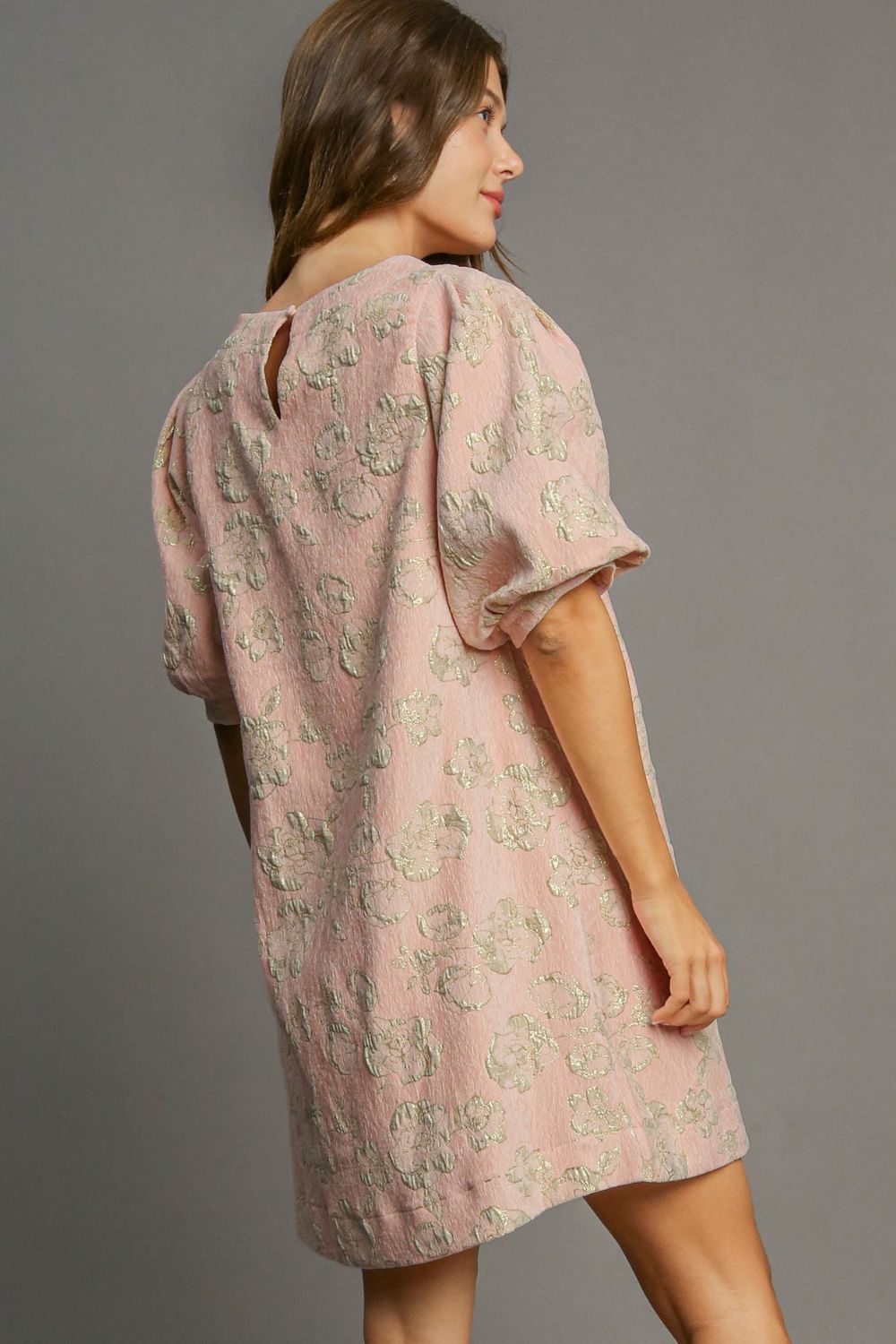 Metallic Floral Jacquard Crew Neck Puff Sleeve Shift Mini Dress