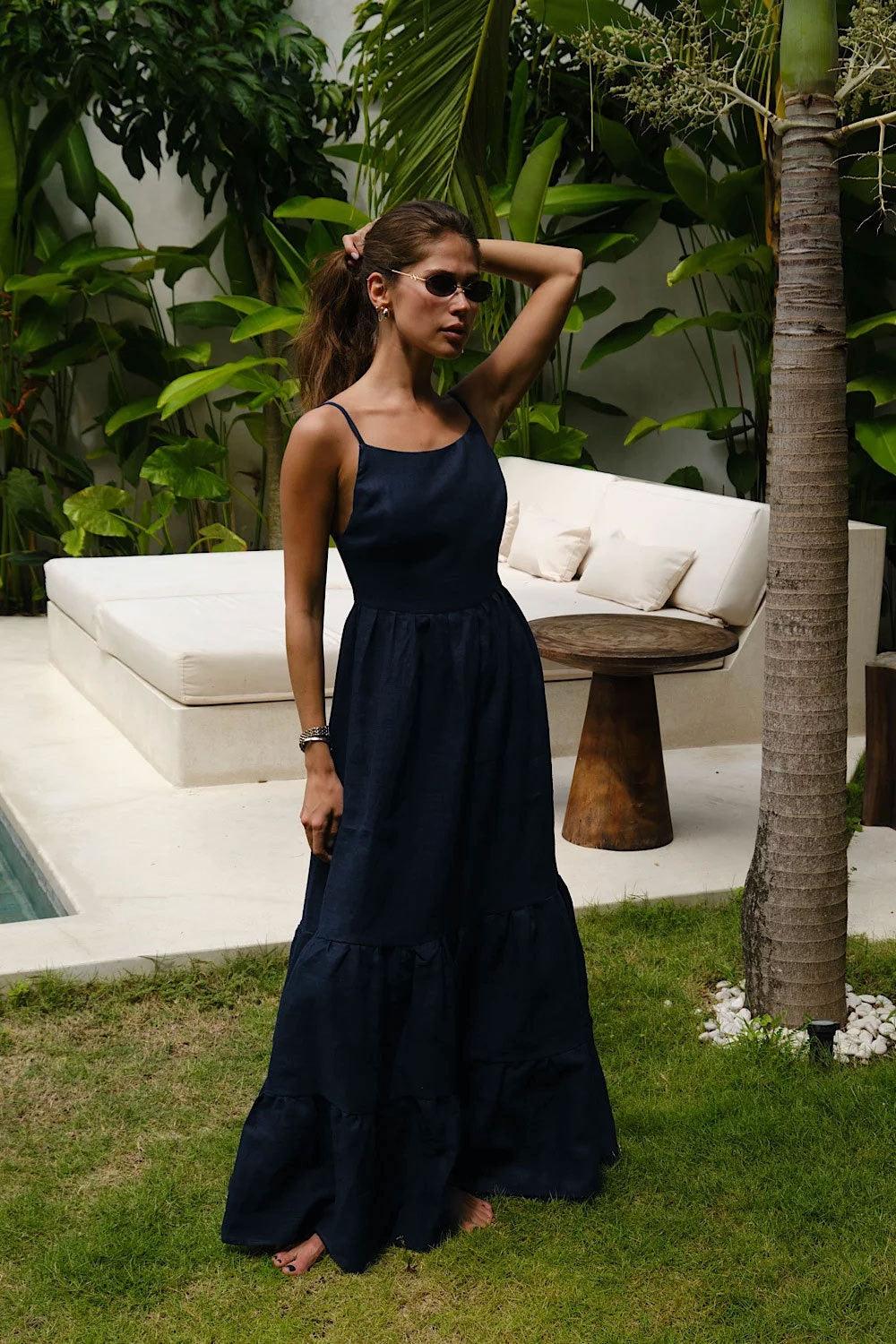 | Spaghetti Strap Backless Ruffle Maxi Dress