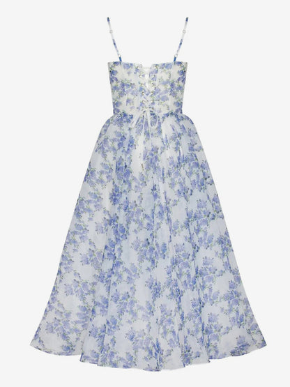 Floral Dress Spaghetti Strap Backless Lace Up Birthday Party Midi Dresses