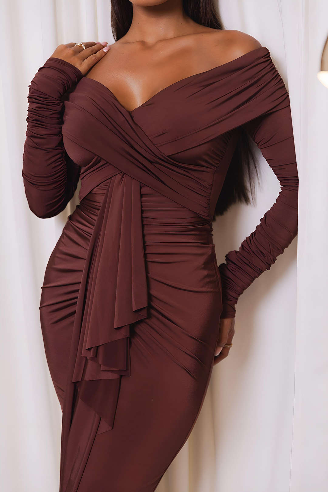Off Shoulder Wrap Sweetheart Long Sleeve Center Drape Ruched Maxi Dress