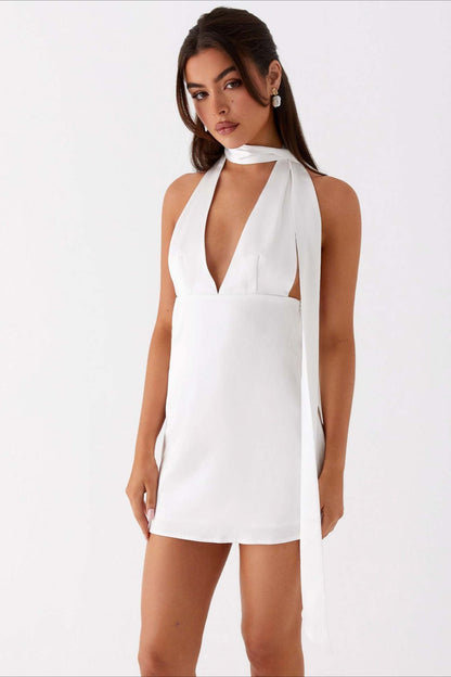 Satin Halter Scarf Tie Deep V-Neck Open Side Backless Mini Dress