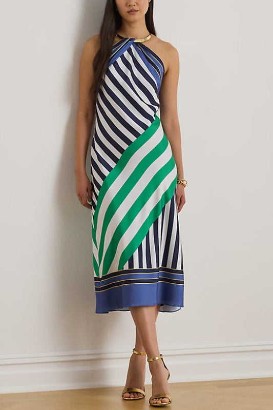 Striped Print Halter Neck Sleeveless Casual Midi Dress