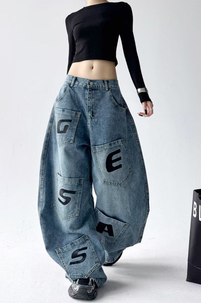 Relaxed Fit Letter Print Draping Curved Leg Jeans