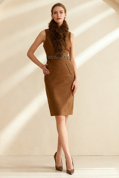 Faux Fur Collar Print Belt Welt Pocket Sleeveless Sheath Midi Dress