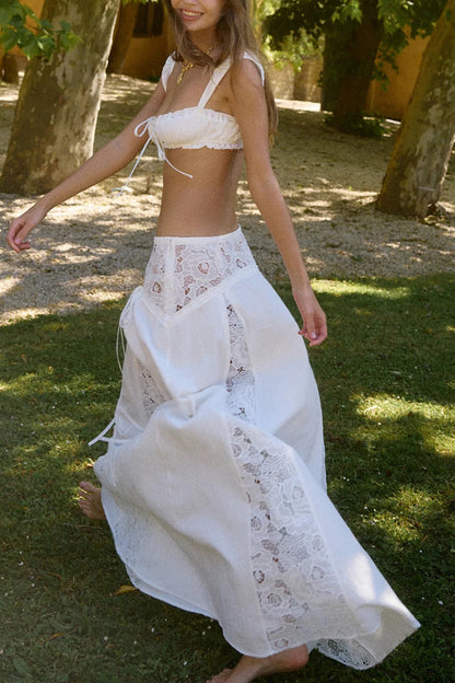 Solid Color Pleated Tie-front Top and Elegant Patchwork Lace Openwork Maxi Skirt Set